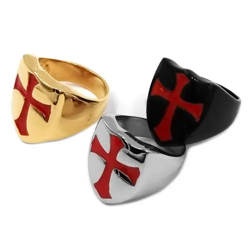 Armor Shield Knight Templar Red Cross Biker Ring Stainless Steel Jewelry Medieval Signet Retro Vintage Ring Wholesale SWR0684