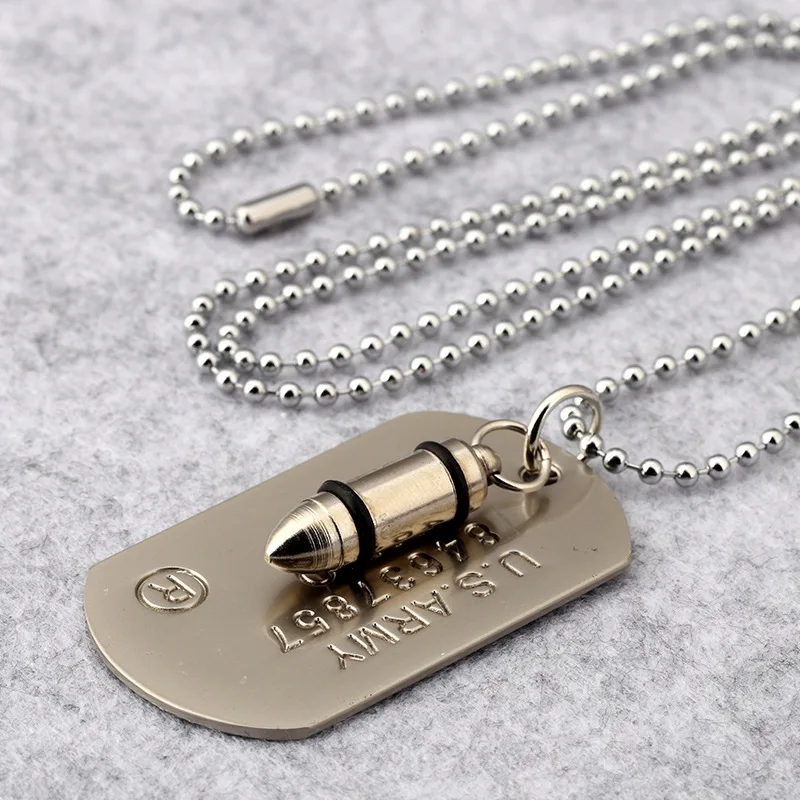 wholesale price hip hop Stainless steel Jewelry U.S. Army Style Bullet Dog Tag Pendants Men women USA America soldier Necklaces