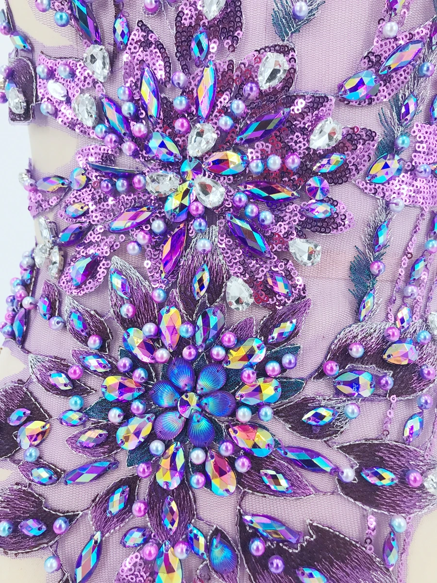 Three-dimensional flower sew on rhinestones beads purple lace applique trim  patches 60*28cm for  dress accessory