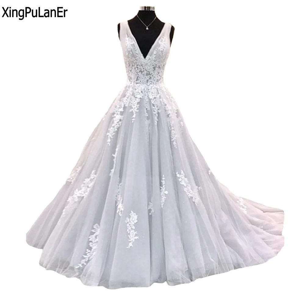 Robe de soiree Geogerous Tiefem v-ausschnitt Spitze Appliqued Weiß Lange Prom Kleid Sweep Zug Formale Partei Abendkleider Plus größe