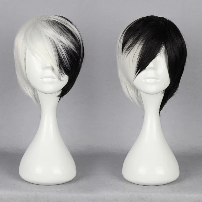 Fei-Show Hair Synthetic Heat Resistant Short Wavy Hair Costume Cos-play Cartoon Role Peruca Peruk Half Black and White Bob Wig