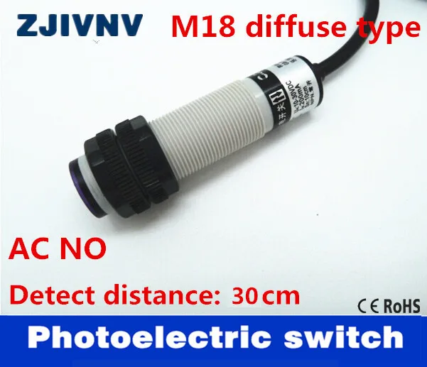 

High quality M18 diffuse type AC90~250V 2 wires laser photoelectric sensor switch NO/ normally open, distance 30cm (adjustable)