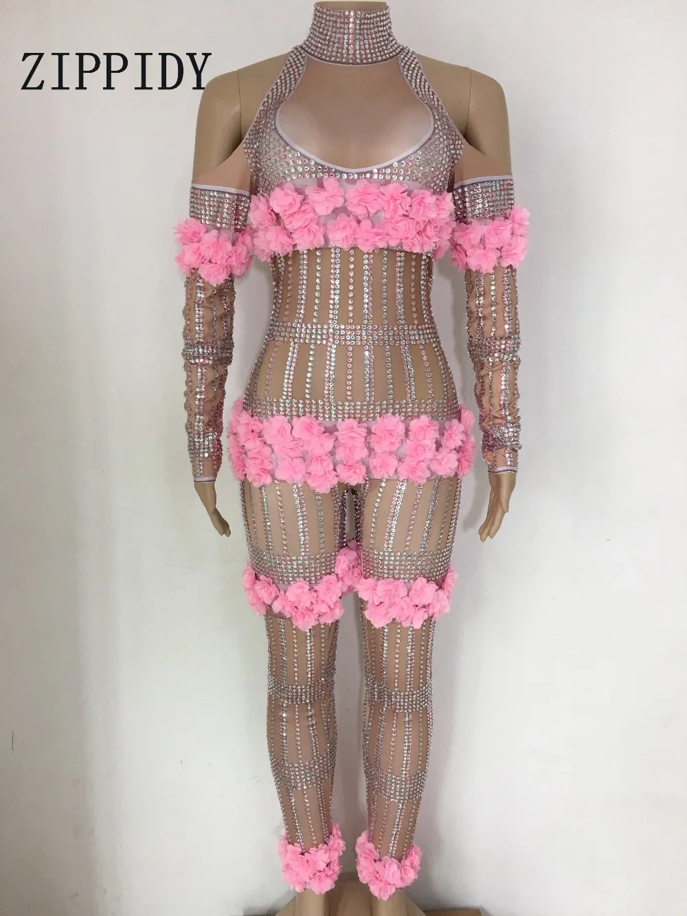 Combinaison à fleurs roses et strass pour femmes, tenue de fête d\'anniversaire, discothèque, Costume de chanteur, Sexy, une pièce, extensible