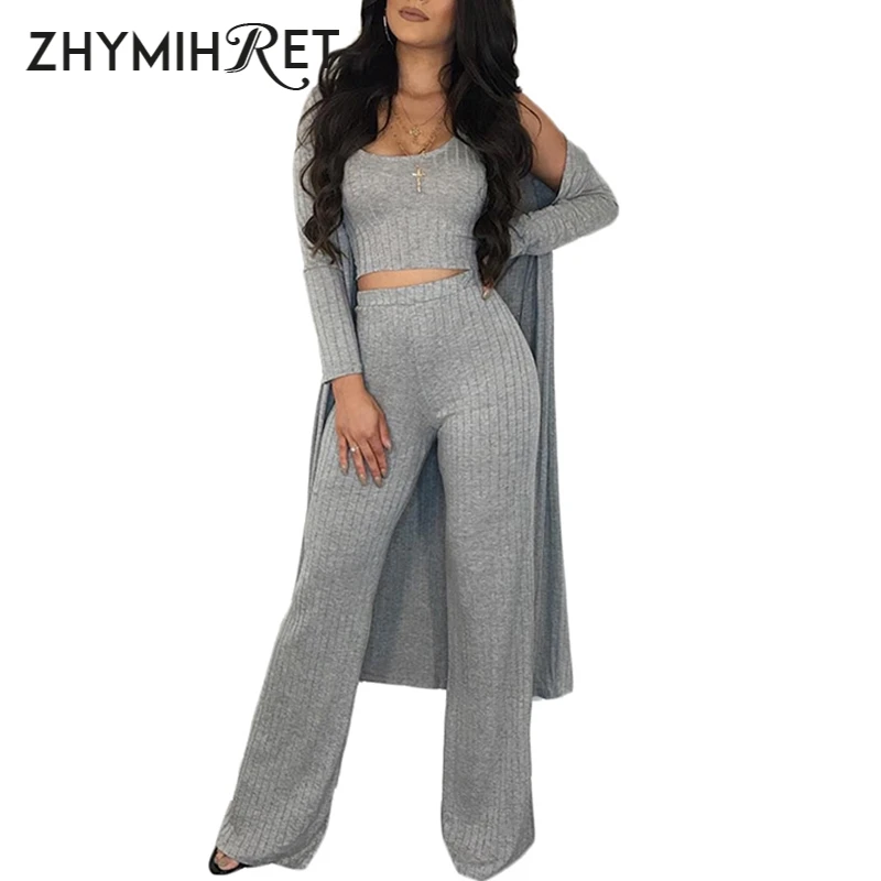 ZHYMIHRET 22023 Autumn Winter Ribbed 3 Pieces Set Women Crop Top High Waist Wide Leg Pants Set Long Sleeve Trench Coat