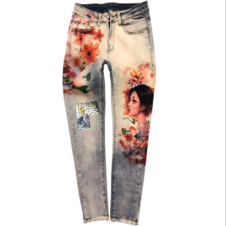 25-33!3D Stretchy Flowers Fashion Women Colorful Painted Floral Jeans Sexy Female Streetwear Denim Skinny Pencil Pants