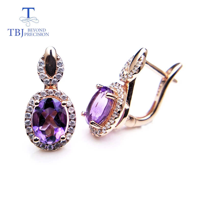 TBJ, Natural african amethyst gemstone clasp earring solid 925 sterling silver yellow gold color shiny gift for women girls