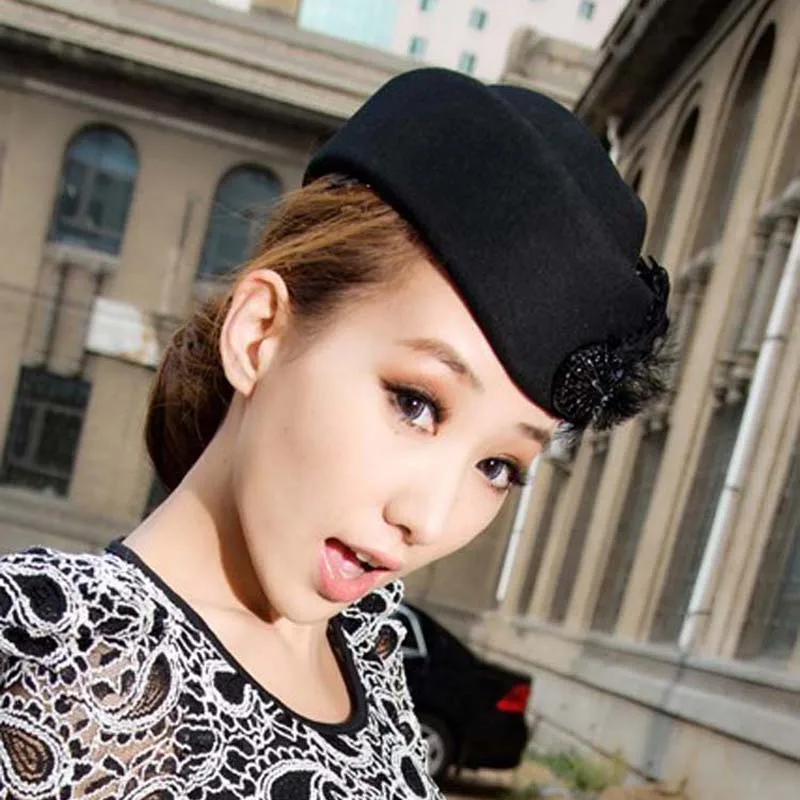 Fedoras Fashion Vintage Wool Felt Hat Women Elegant Beret Feathers Stewardess Fedora Hats Church Ladies Formal Caps