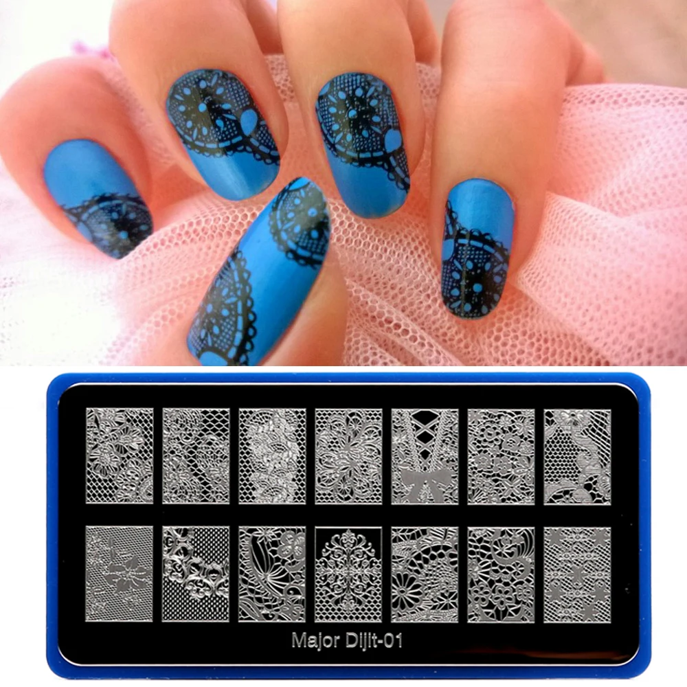 Major Dijit Nail Stamping Plates Black Flower Lace Stainless Steel Nail Art Stamp Template Manicure Nail Tools