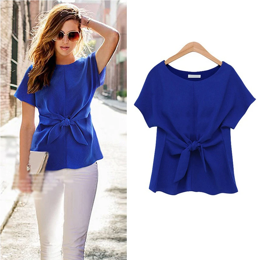 New Womens Tops Fashion 2016 Women Summer Chiffon Blouse Short Sleeve Plus Size Chiffon Tops Casual Shirt Blue women blouses