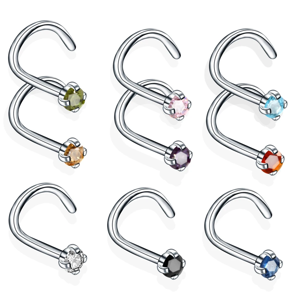 1 Piece AA Zircon 2.0mm Nose Stud Piercing Surgical Steel S Shape Nose Ring Prong CZ Nose Jewelry 20g