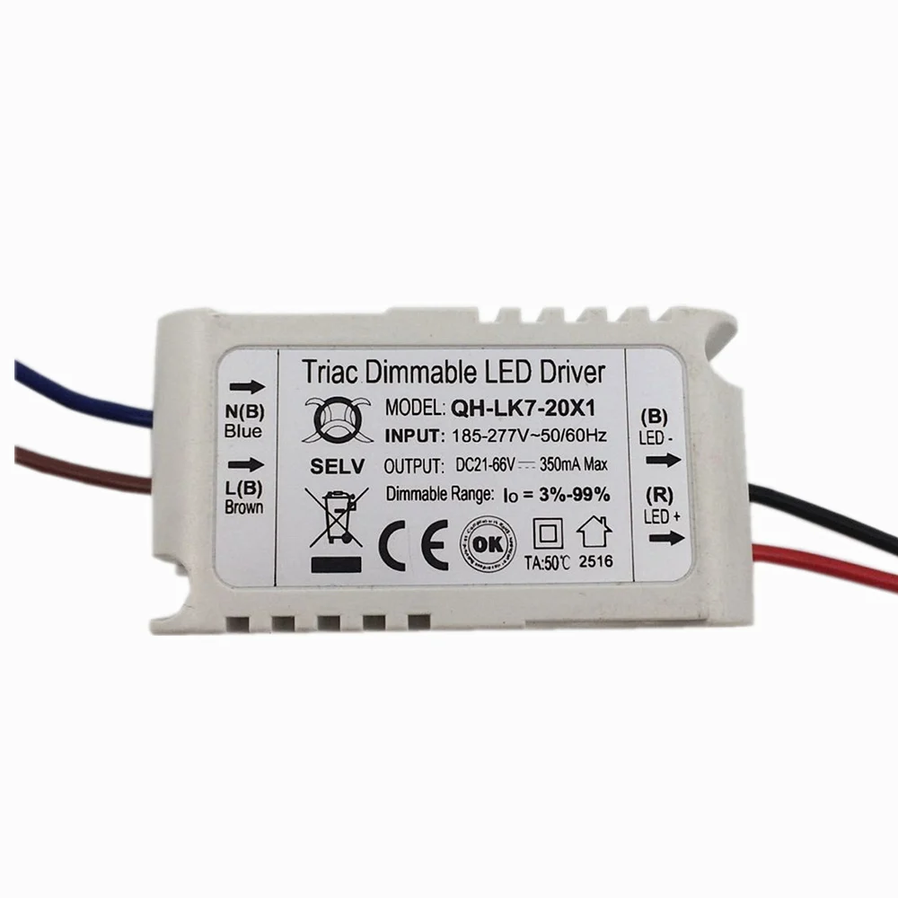 20W AC185-277V Dimmable LED Driver 7-20x1W 300mA 3%-99% DC21-66V ConstantCurrent For Ceiling Lamp