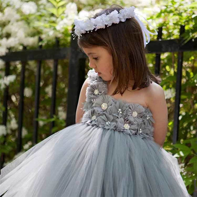 Lovely Girls Grey Chiffon Flowers Tutu Dress Kids Fluffy Tulle Tutus Ball Gown with Single Shoulder Children Wedding Party Dress