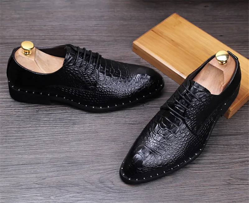 Fashion Men\'s Crocodile Grain Leather Dress Shoes Man Casual Pointed Toe Oxfords Mens Lace-Up Business Office Oxford Shoe