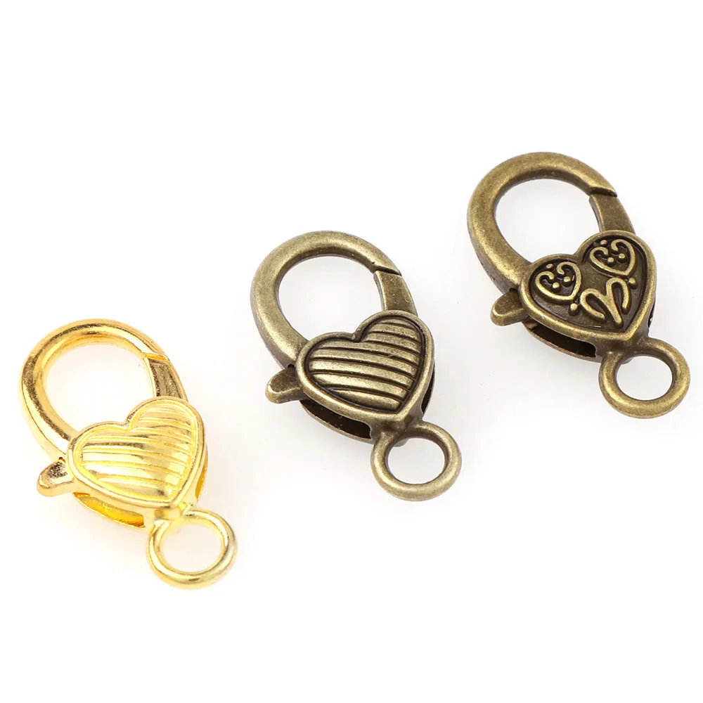 2Color 10Pieces Patterned Heart Shape Gold&Antique Bronze Lobster Clasps Hook Component DIY Jewelry Bracelet Making Accessories