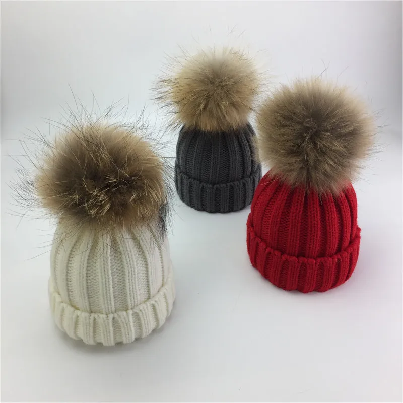 

KNB042 Winter Children's Pom pom Beanies Skullies Kids Fur Ball Hairball Cap Girls Boy Baby Warm Knitted Hat Bonnet Homme Gorros