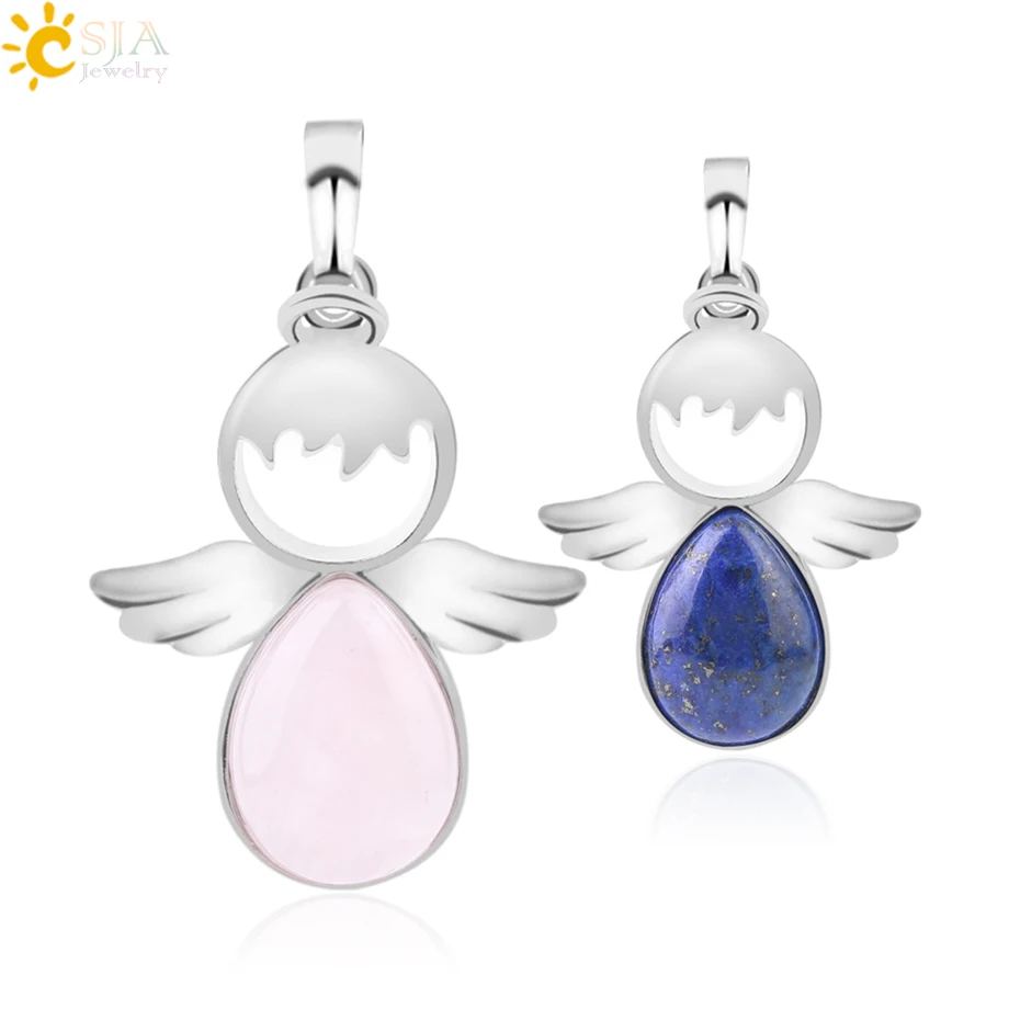 CSJA Angel Wings Natural Stones Pendants Pink Quartz Fairy Angels Pendant for Necklaces Women Girls Jewelry Christmas F753