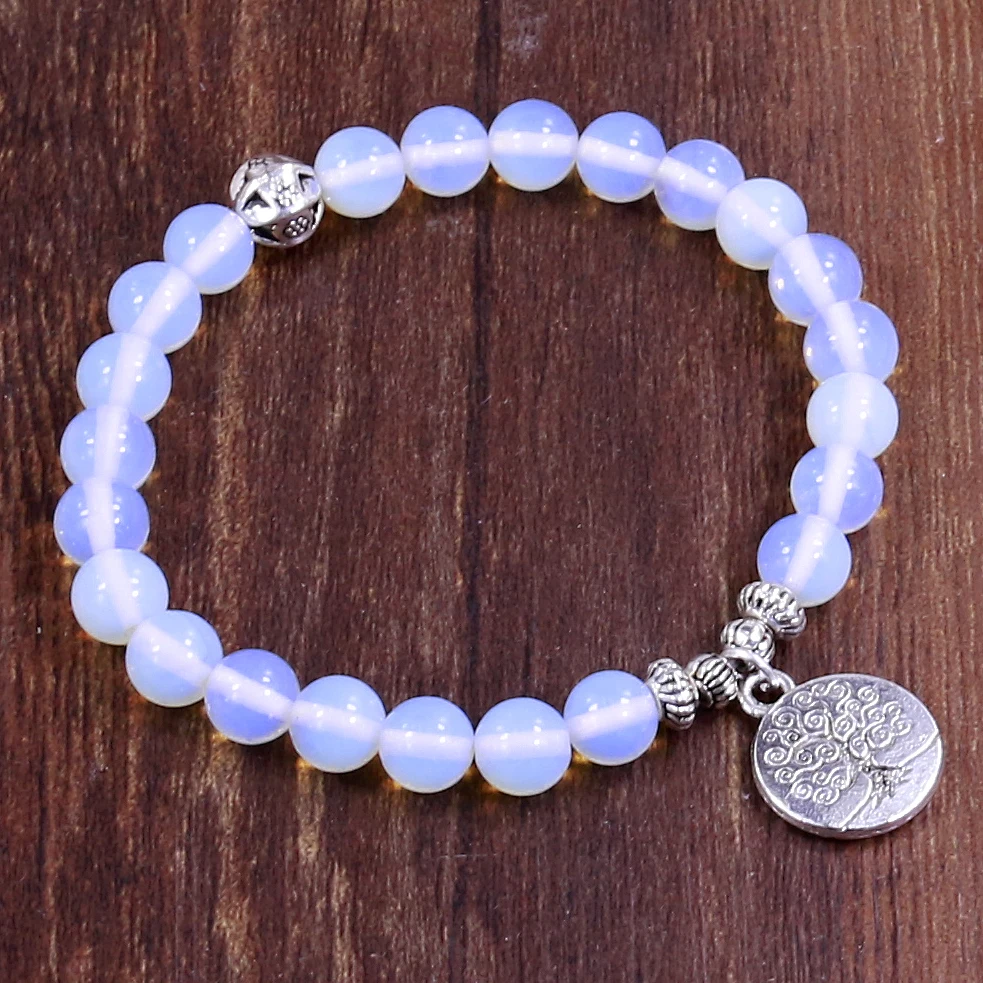 Tree Life Buddha Beads Bracelet Charm Elastic White Moonstone Natural Stone  Strand Bracelet Women Bracelet Men Jewelry