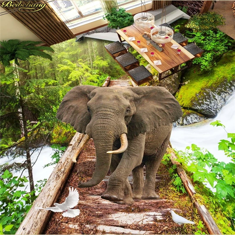 

beibehang Custom photo wallpaper wallpaper floor painted outdoor realistic forest elephant wooden bridge 3D floor three - dimens