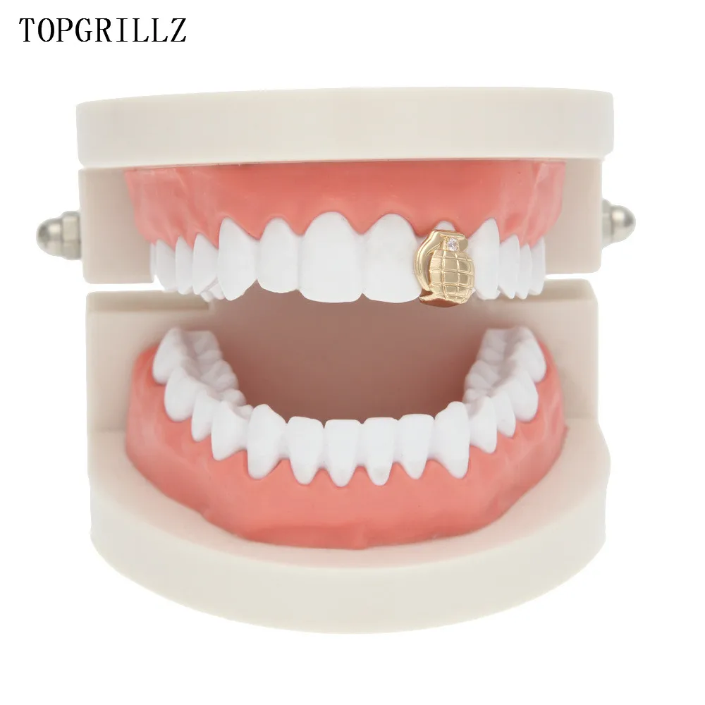 TOPGRILLZ New Fit Gold Color Plated Hip Hop Single Grenade Tooth Grillz Cap Top & Bottom Grill gold teeth caps.Gift