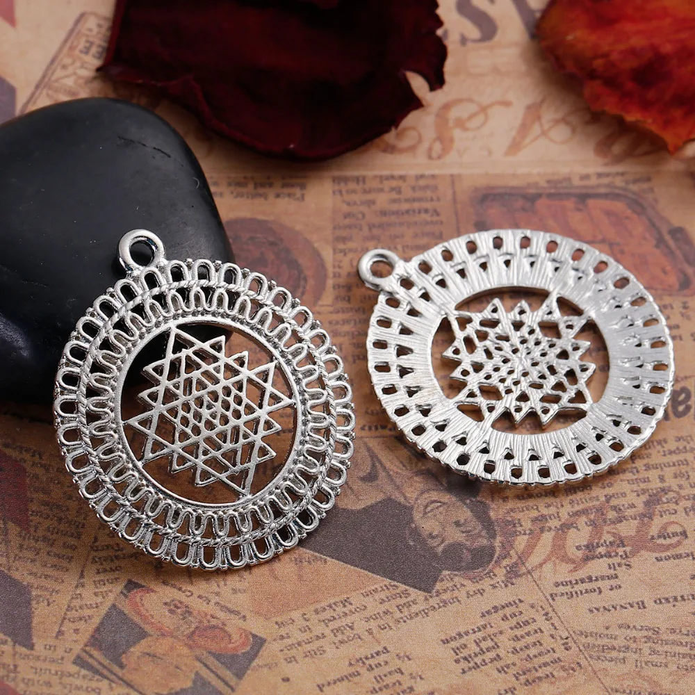 DoreenBeads Zinc Based Alloy silver color Round Sri Yantra Meditation Pendants Hollow DIY Components 39mm x 34mm(1 3/8