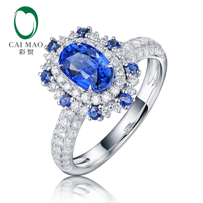 CaiMao 1.57ct Natural Sapphire Ring with Halo Diamonds 18kt White Gold Engagement Wedding Jewelry