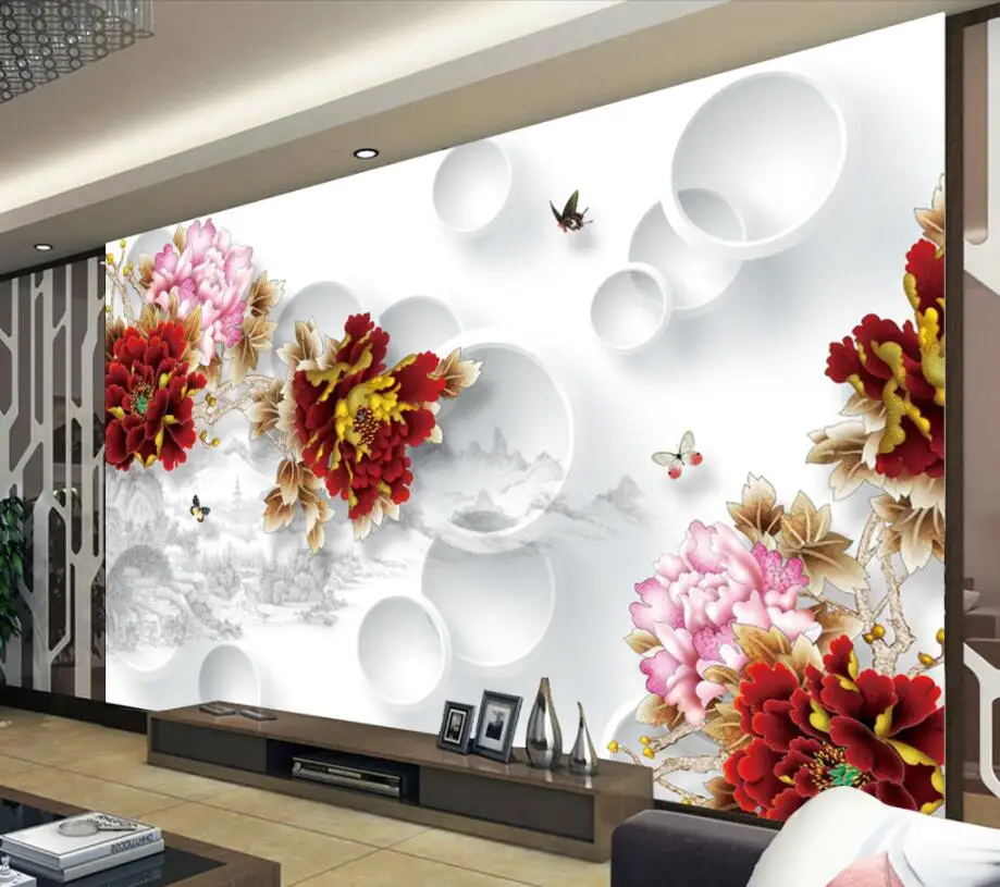 

Beibehang Custom Wallpaper Home Decorative Mural 3D Circle Peony Flower Carving TV Background Wall 3d wallpaper papel de parede