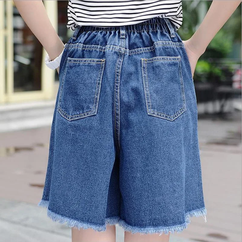 High Waisted Elegant Denim Shorts Womens Sexy Jeans Short MID-Length Wide Leg With Tassel Cotton Blue Thin Plus Size S-3XL image 2
