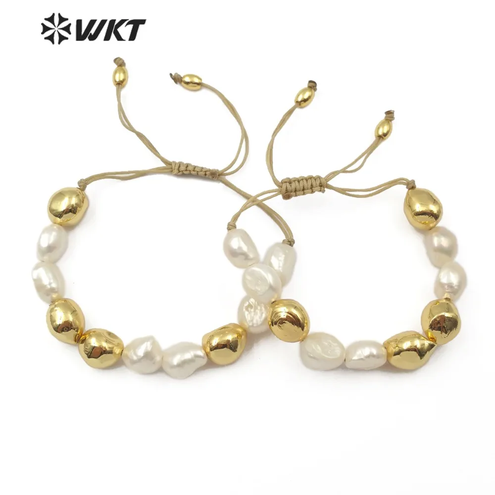 WT-B454 Natural freshwater Pearl Bracelet White Pearl With Gold Dipped One Handmade Beads Bracelet  Pearl Jewelry