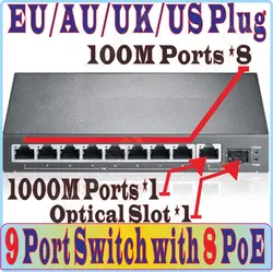 Макс. 54 Вт, 9 портов, 8 poe переключателей IEEE802.3af at PoE подходит для всех видов камер poe или AP, Plug & Play, порт 1000 Мбит/с * 1, порт SFP * 1