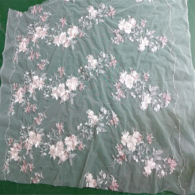 Light Green/Pink Floral Embroidered Tulle Mesh Organza Lace Fabric For Camera Backdrop Bridal Wedding Gown