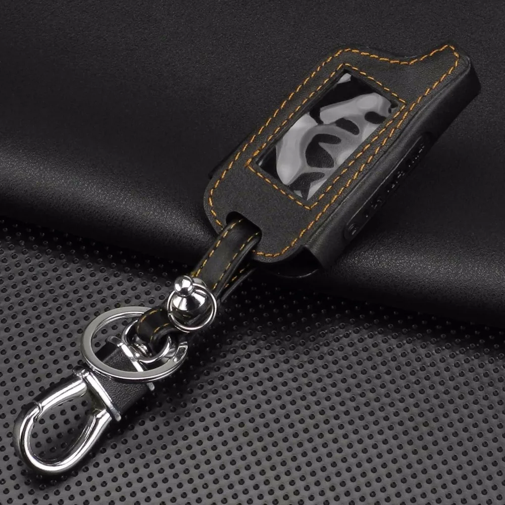 jingyuqin Remote 4 Buttons Leather Case Cover Russian Version Vehicle Security Two Way Car Alarm System LCD TOMAHAWK X5 Keychain