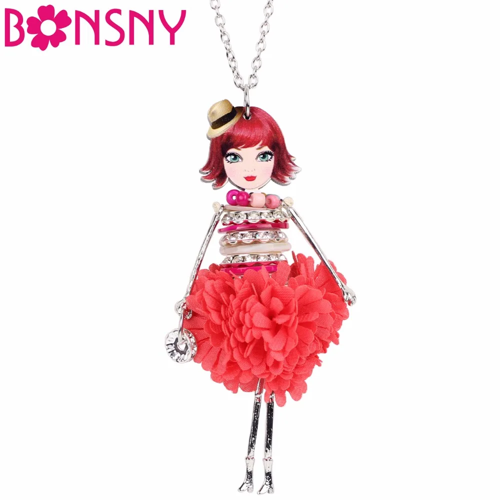 Bonsny Statement Shell Crystal Doll Necklace Dress Handmade French Doll Pendant 2017 News Alloy Girl Women Fashion Jewelry Gift