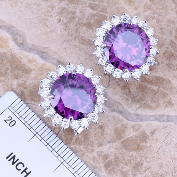 Purple Cubic Zirconia White CZ Silver Plated Jewelry Sets Earrings Pendant Ring Size 6 / 7 / 8 / 9 / 10 S0017