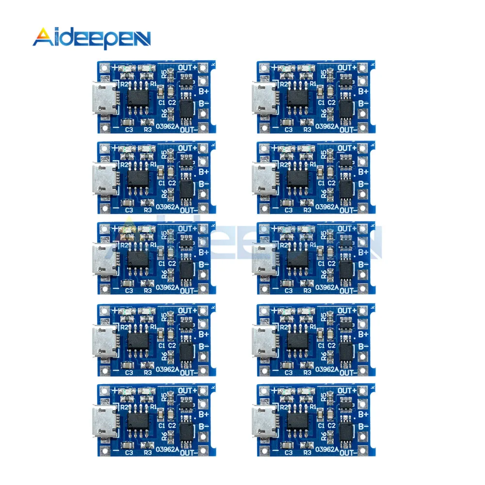 10Pcs Micro USB 5V 1A 18650 TP4056 Lithium Battery Charger Module Charging Board With Protection Dual Functions