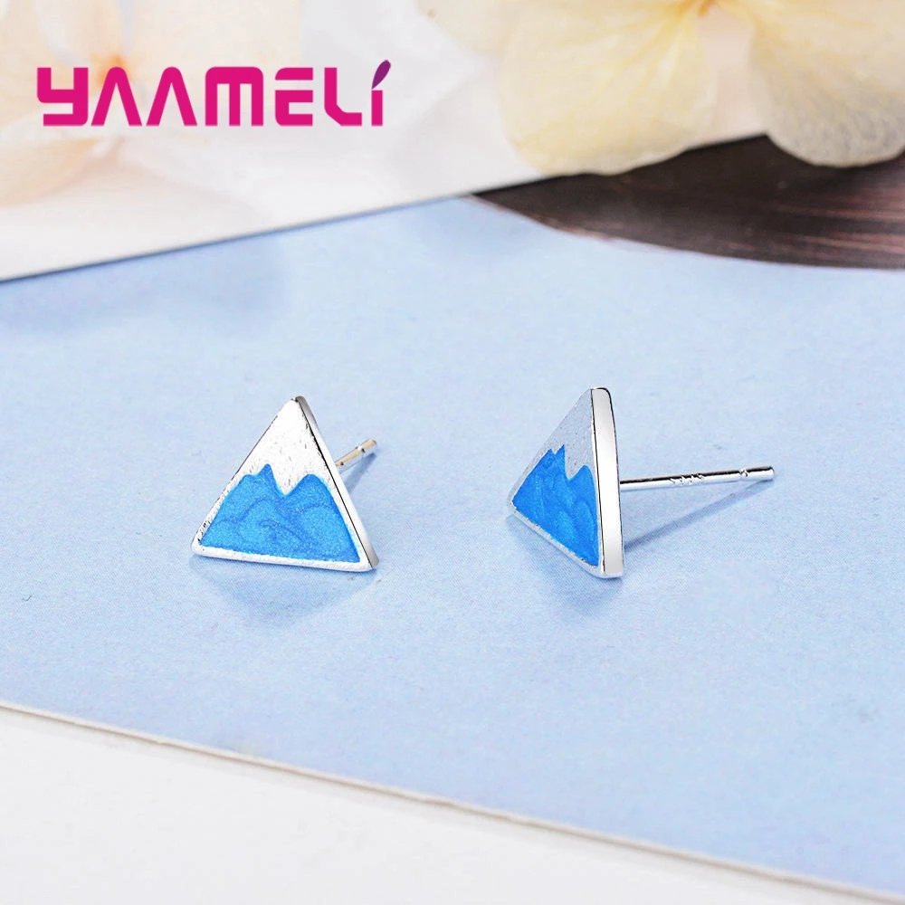 Novelty Blue Enamel Stud Earrings Fine 925 Sterling Silver Trigon Geometric Brincos Jewelry for Ladies Rock Hip Hop