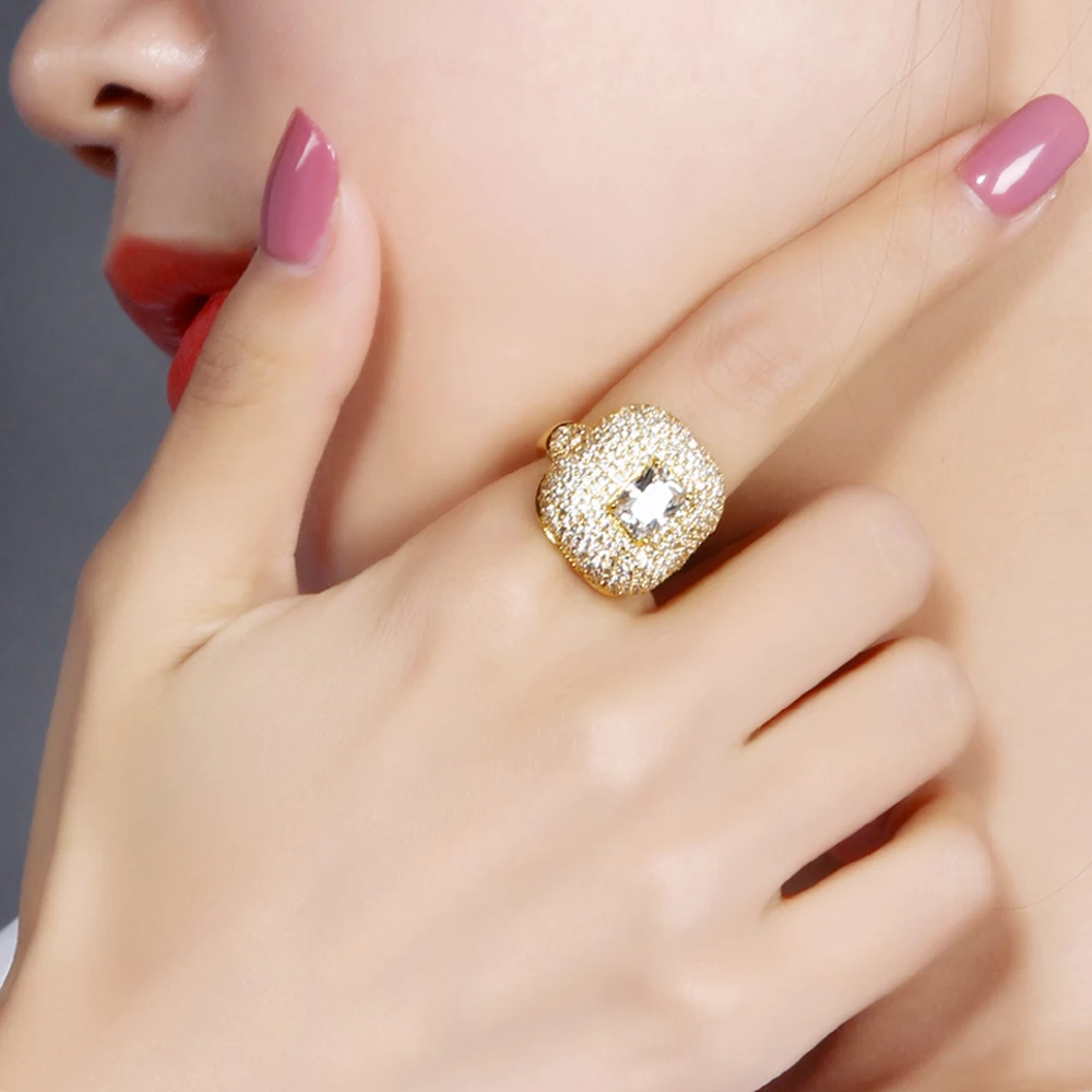 

YLMyself Big Square Zirconia Crystal Ring For Women Gold Color Sparkly Fashion Jewelry Party Anillos New Arrival