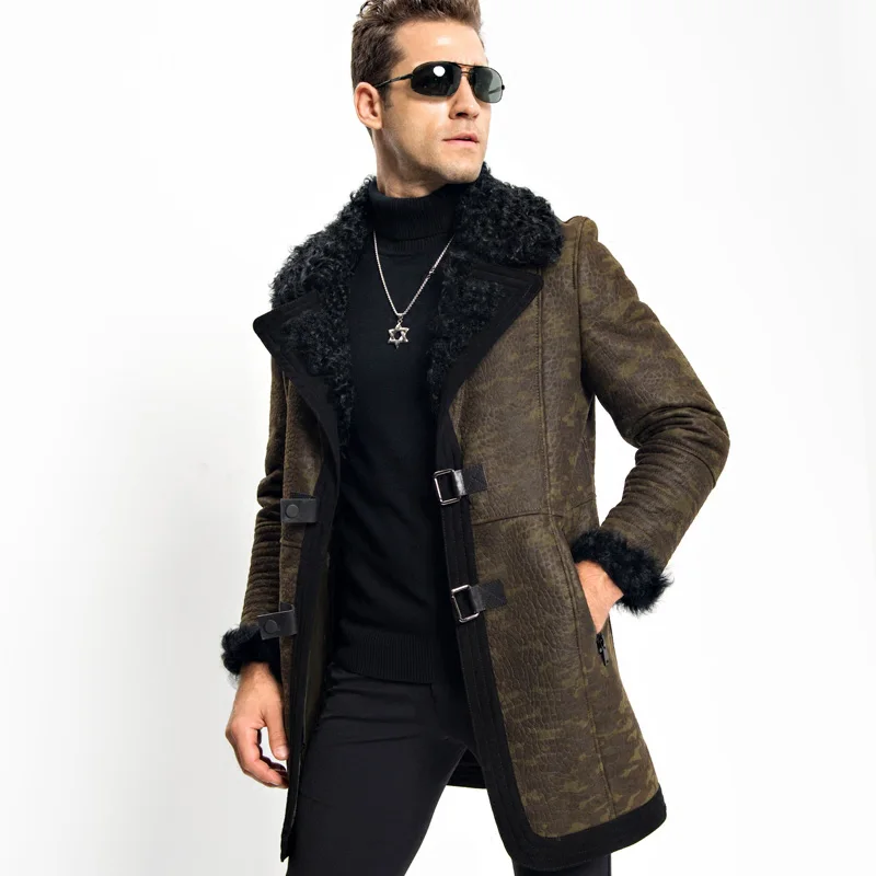 Menfolk Shearling Jacket Long Style Sheepskin Coat New Style Wool Collar Genuine Leather Motorcycle Jacket Flight Outerwear