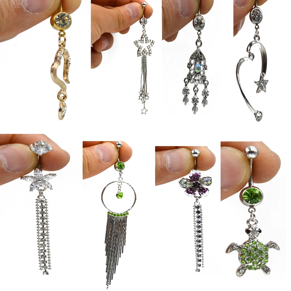 Showlove-1pc Different Steel& CZ gem Dangle Navel Belly Button Ring for Promotion Body Piercing Jewelry