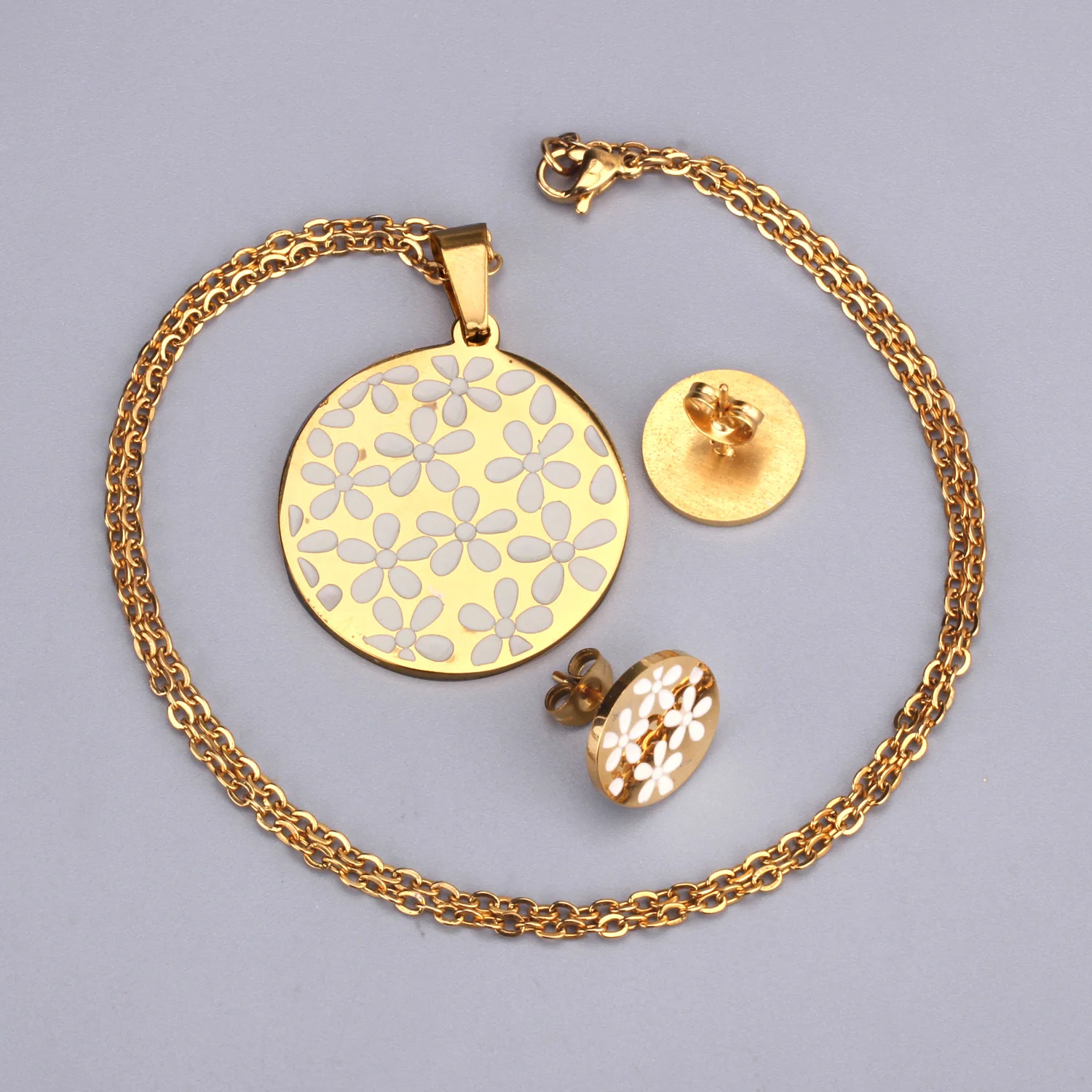 LUXUSTEEL ensemble collier Sets Golden Color Flower Shell Pendant Necklace Earring Brinco Bijoux Wedding Party Wholesale