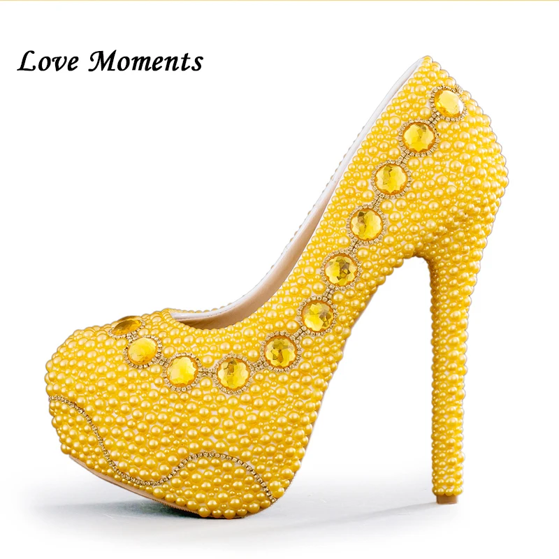 Love Moments NEW arrival yellow wedding shoes handmade bridal shoes gold pearl party shoes 8cm/11cm/14cm heel big size