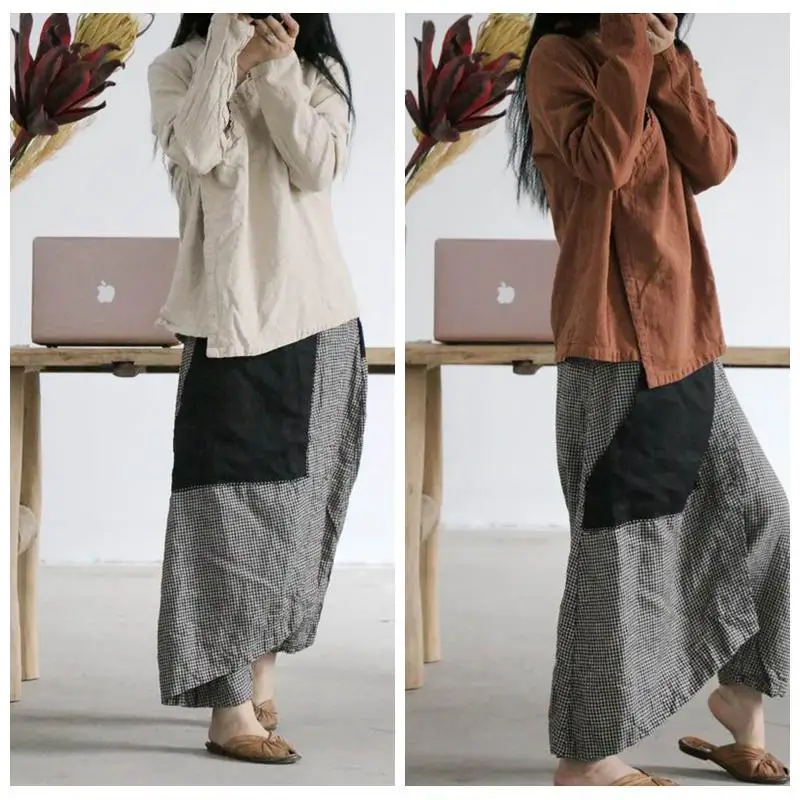 USWMIE 2020 Spring Women Pants Vintage Casual Elastic Waist Plaid Do Old Contrast Color Pocket Loose Comfort Flax Ninth Pants