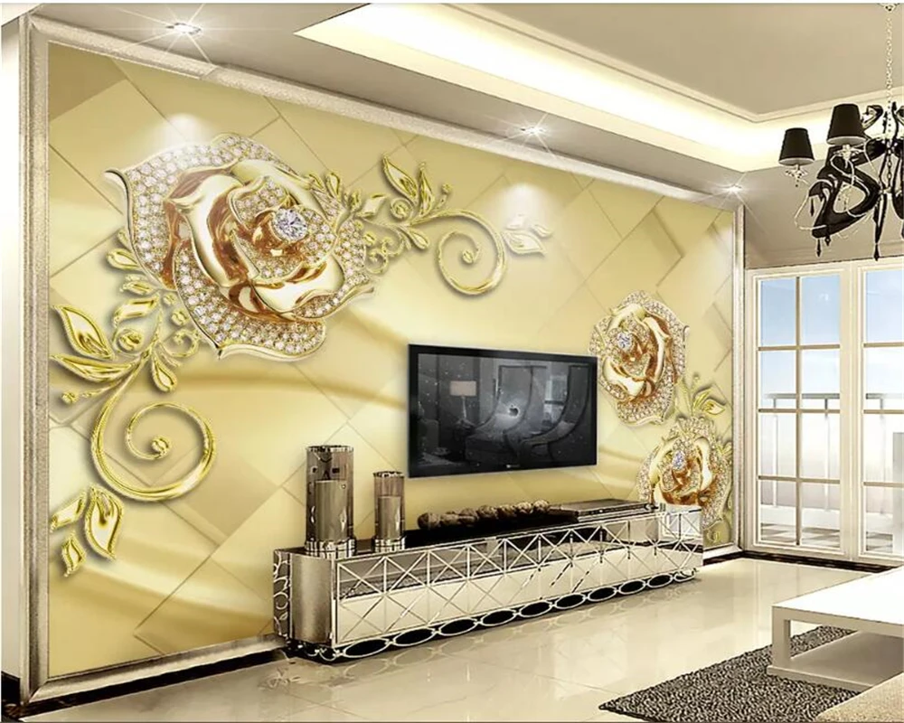 

custom made Photo wallpaper 3D three-dimensional luxury golden flower jewelry TV background wall 3d wallpaper tapeta