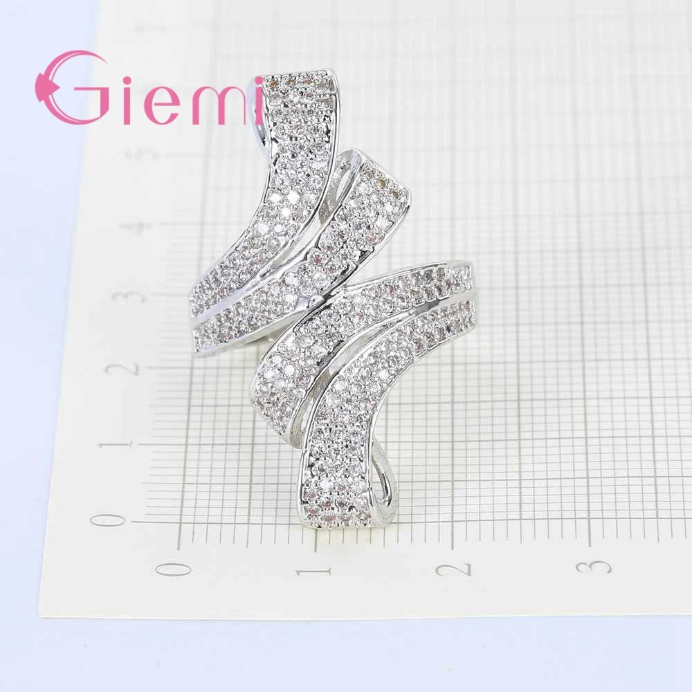 Factory Price Luxury Beautiful Geometric Pattern Curved Crystal Stone Ring 925 Sterling Silver for Birthday Party Gift