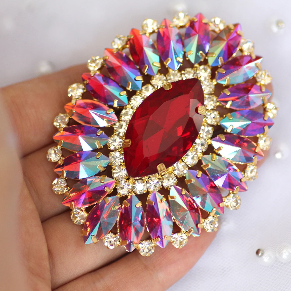 Oval shape Blue Rhinestone applique gold base red green sew on rhinestone strass crystal for Garments party dress decoration