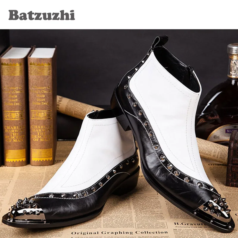 Batzuzhi Ankle Man Boots ITALY TYPE Increased Height Men's Leather Boots Pointed Rivets Toe Western Rock Black White EU38-46!