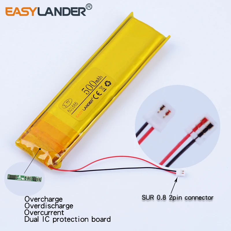 601665 3.7V 500mAh Rechargeable Lithium Li-ion Polymer Battery for tools Toys GPS DVR 601565 601663 with SUR 0.8  plug