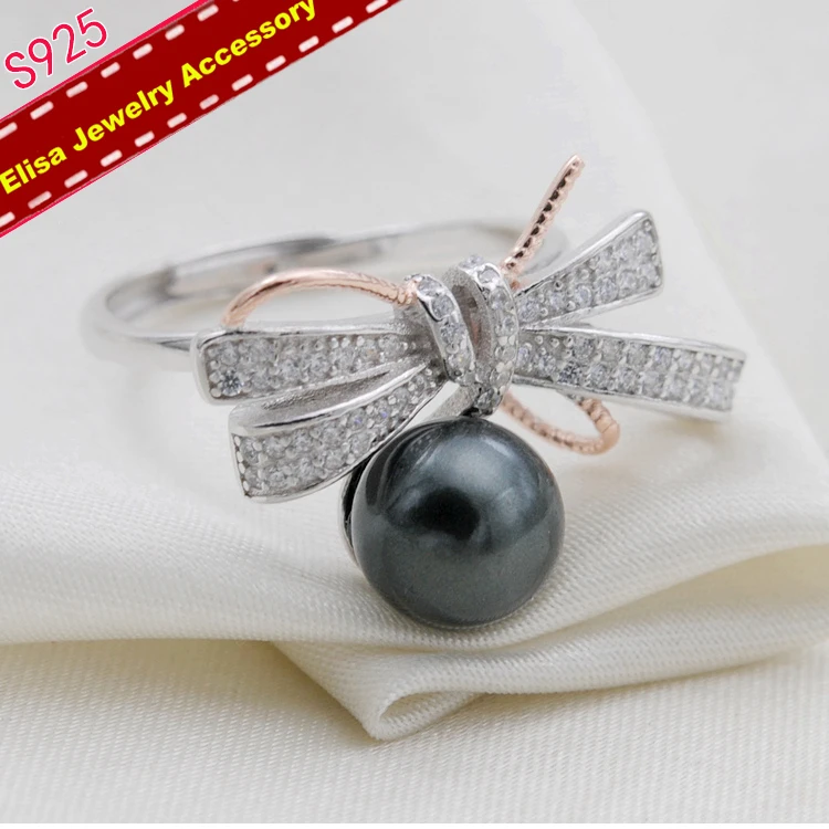 Big Bowknot Rings Holder S925 Sterling Silver Pearl Rings Jewelry Accessory Adjustable Women Rings Findings 3Pieces/Lot