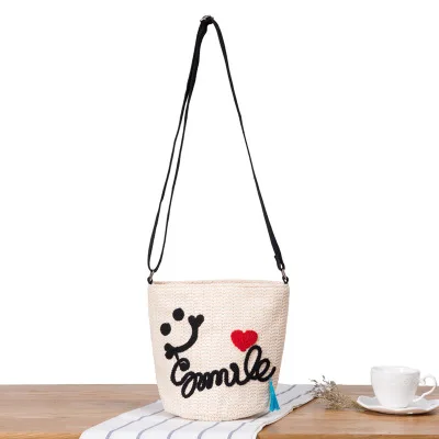 

College wind new diagonal straw bag cute sweet smile plus letter tassel leisure beach bag woven bucket shoulder bag