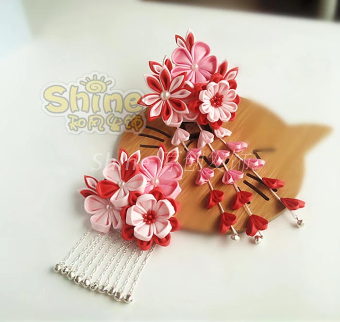 hand made hairpin cotton cloth hair clip barrettes Japanese anime Kimono cosplay accessories free shipping sakura tassels