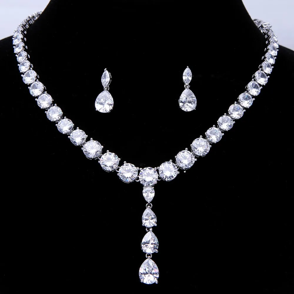 

Luxury Brilliant Cubic Zirconia Clear Waterdrop And Cirrus fashion Style Wedding Bridal Earring Necklace jewelry set N0390